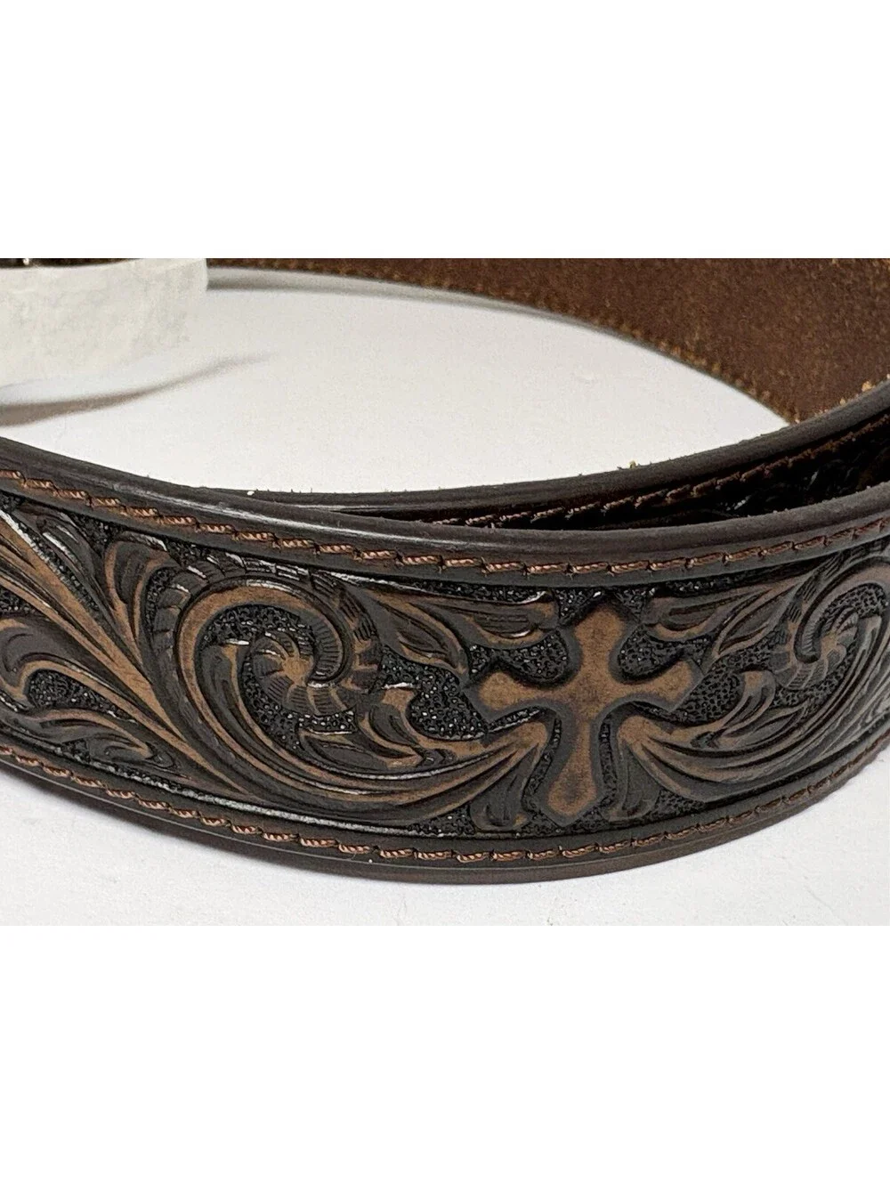Nocona Women's Leather Belt Size XL Brown Tooled Floral And Cross Western